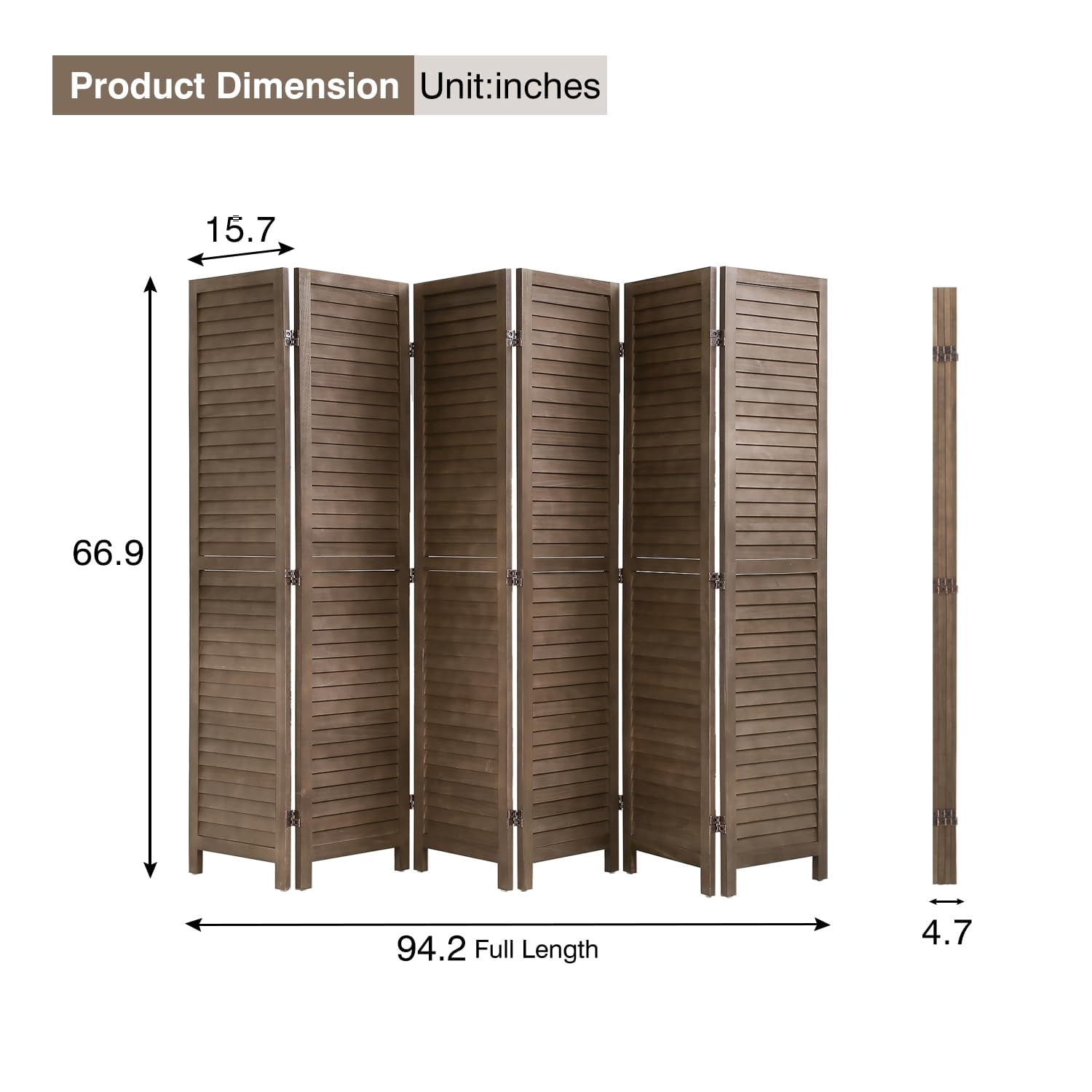 NiamVelo Wood Room Divider 6 Panel Privacy Screen Folding Freestanding Partition 5.74 FT Tall Wall Divider for Home Office, Brown