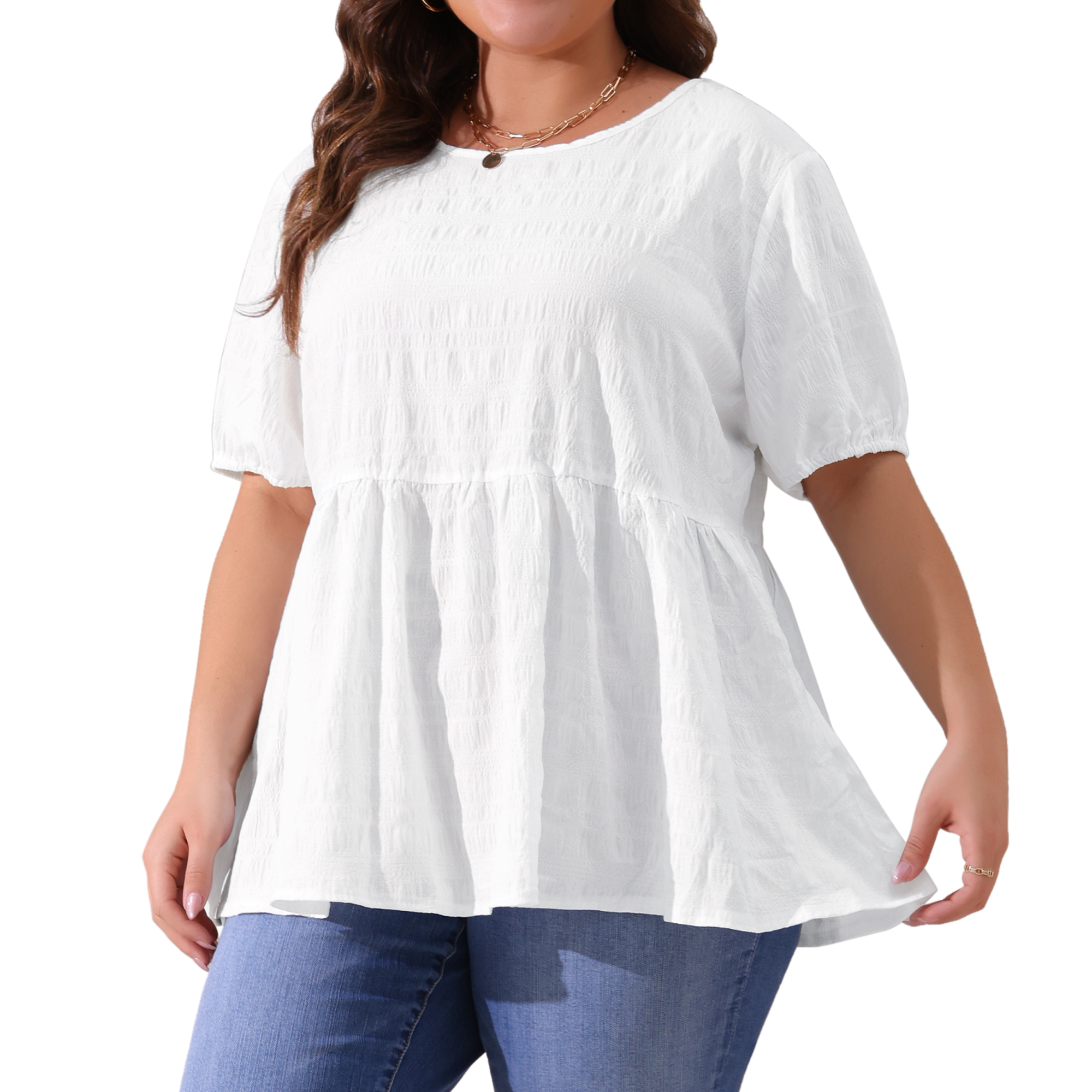 Women's Plus Babydoll Tops Crewneck Short Sleeve Loose Fit Flowy Blouse 1X White