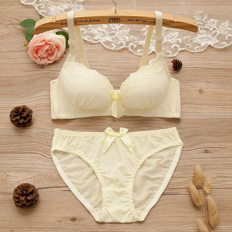 Bras For Women,Lace No Steel Ring Small Chest Gathered Adjustable Bra +  Panty Set(70B-85B) 
