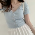 thumbnail image 2 of Blusa de manga corta ajustada con botonadura sencilla en color azul, talla S, camisa de verano con escote en V y ribete de encaje para mujer, 2 of 4