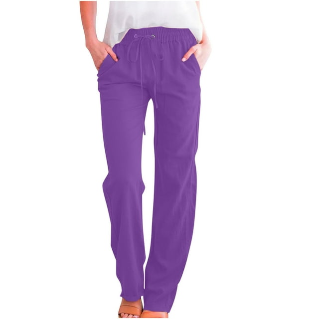 Timegard Cotton Linen Pants for Women Elastic Waisted Drawstring Straight Leg Lounge Pants with Pockets