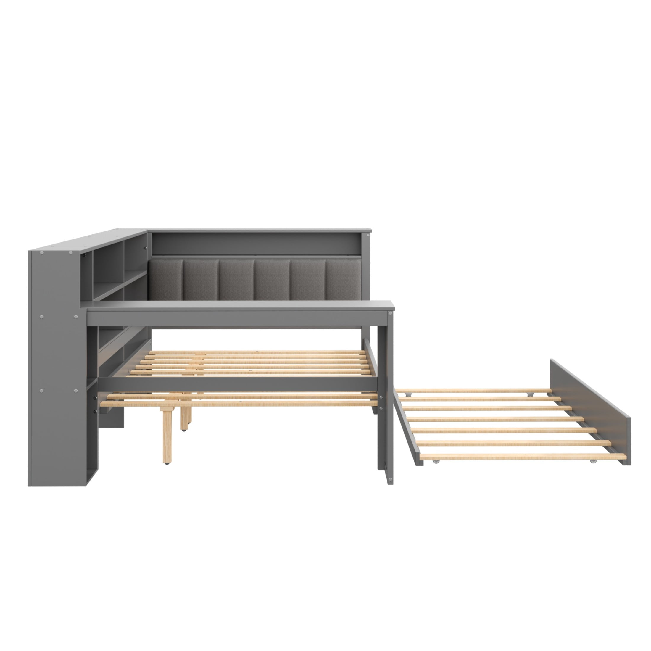 Noble House Full Platform Bed with Storage Shelves and Trundle, LED Desk and Integrated USB, Upholstered Headboard, Gray