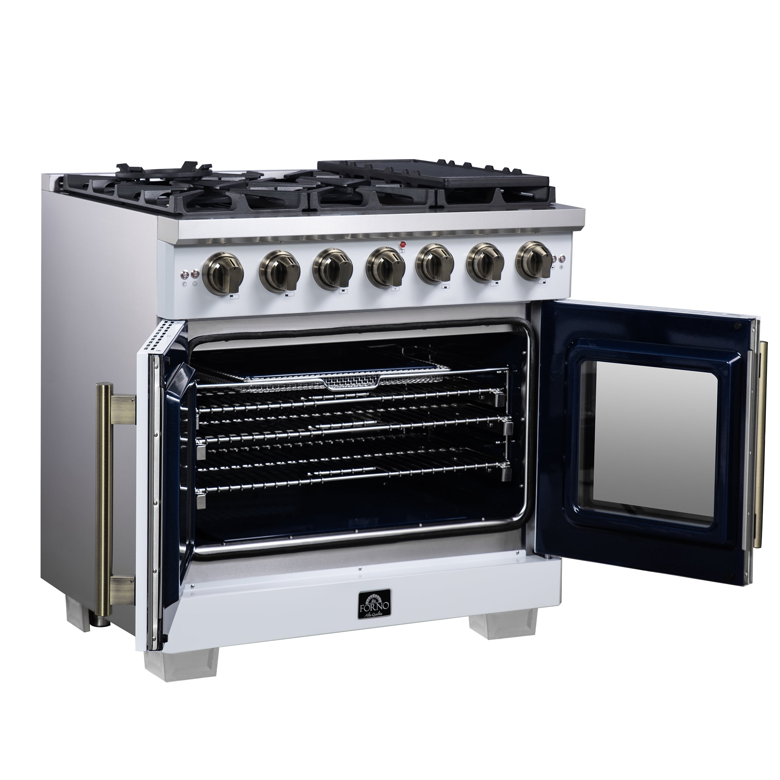 Forno Capriasca 36-Inch White Freestanding French Door Gas Range, 6 Burners, Convection Oven, Energy Efficient
