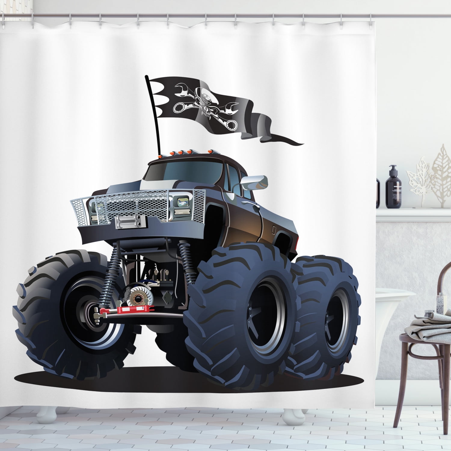 Cars Shower Curtain, Popular Large Suspension Monster Truck Dead Skull