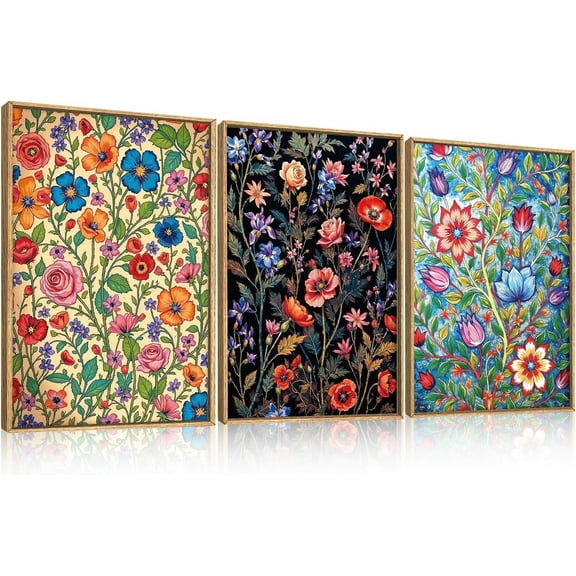 Hieng Navy Blue and Grey Flower Framed Canvas Wall Art Set,Modern Botanical Plant Wall Decor,Neutral Wildflower Painting,Watercolor Aesthetic Floral Artwork for Living Room,Bedroom,Office-24''x36''x3