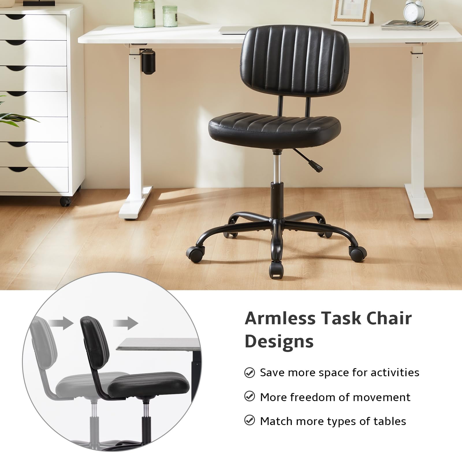 edx Adjustable Height Armless Office Desk Chair with Wheels, PU Leather Mid Back 360°Swivel Small Computer Chair, Modern Task Chair for Home Office Reading Meeting Room, Black