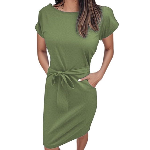 Summer Dress With Belt For Casual And Date Outfits Short Sleeve Design Easy Care And Versatile Wear