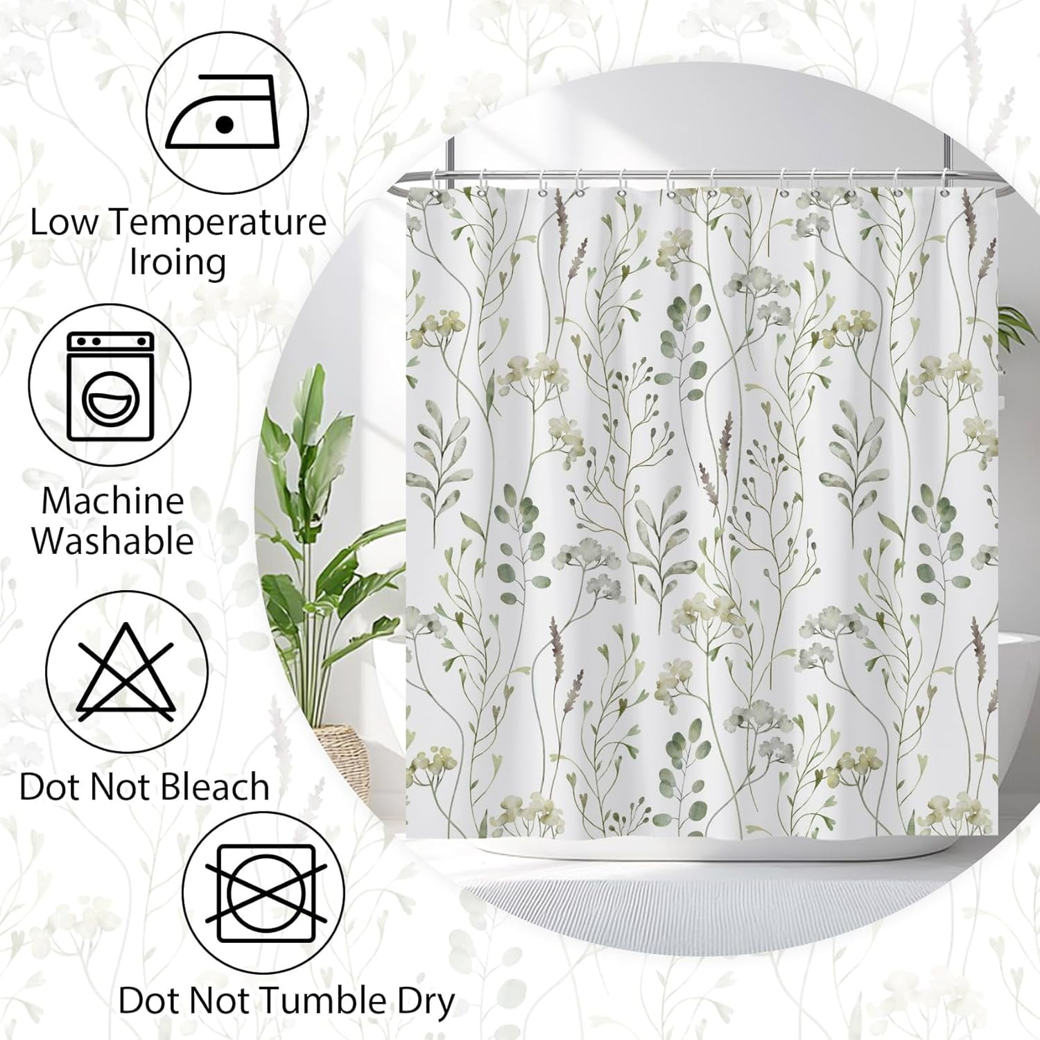 60x72 Inches Sage Green Leaves Shower Curtain Watercolor Leaf Floral Plant Bath Curtain Botanical Fabric Shower Curtain for Bathroom Decor Set Polyester Waterproof with Hooks