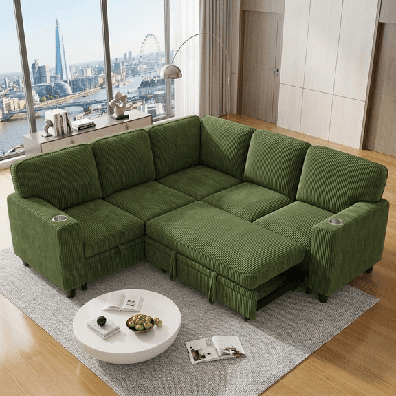 Howcool Modular Sectional Sleeper Sofa, 81" L-Shaped Oversized Cloud Couch with Pull-Out Bed, 5-Seat Corduroy Sofa with Storage Chaise, USB Charging and Cup Holders for Living Room Apartment,Green