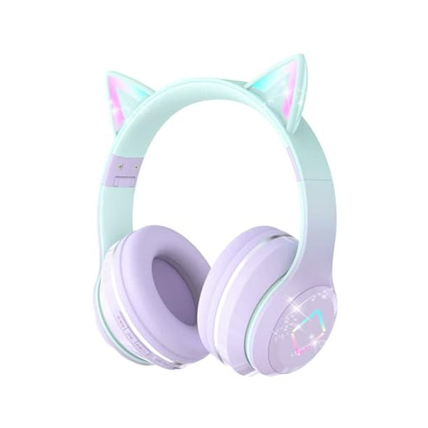 YOYOTUNE Auriculares Bluetooth para niños, orejas de gato con luz LED, auriculares inalámbricos para niños, Bluetooth 5.1 y sonido estéreo, plegable, diadema ajustable, auriculares para niños con micr