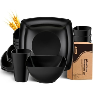 TINANA Wheat Straw Dinnerware Sets, Service for 4, 16 PCS Unbreakable Plastic Dinnerware, Dishwasher Microwave Safe - Black