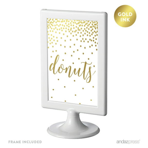 Metallic Gold Confetti Polka Dots 4x6-inch Party Signs, Donuts Reception Dessert Table Sign, Includes Frame