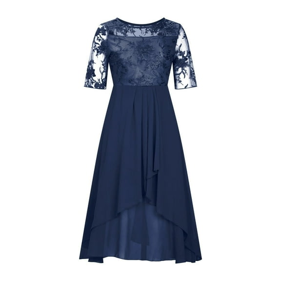 DHFJKG Women's Floral Embroidery Lace Hallow Out Dress For Bridesmaid Wedding Half Sleeve High Low Chiffon Stylish Dresses