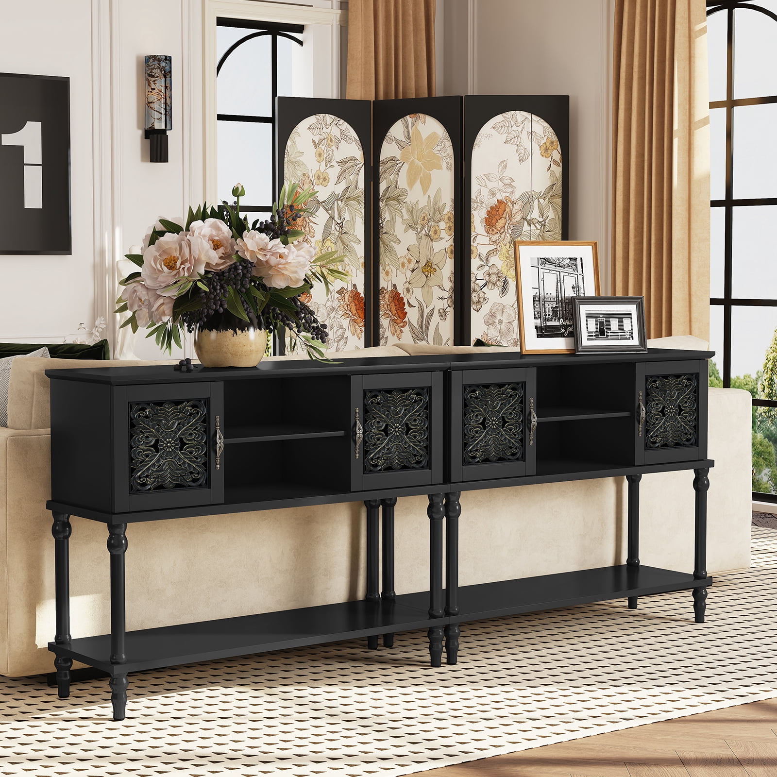 HLR Modern 42" Console Table with Storage, Entryway Table Wood Behind Couch with Shelves for Living Room, Black