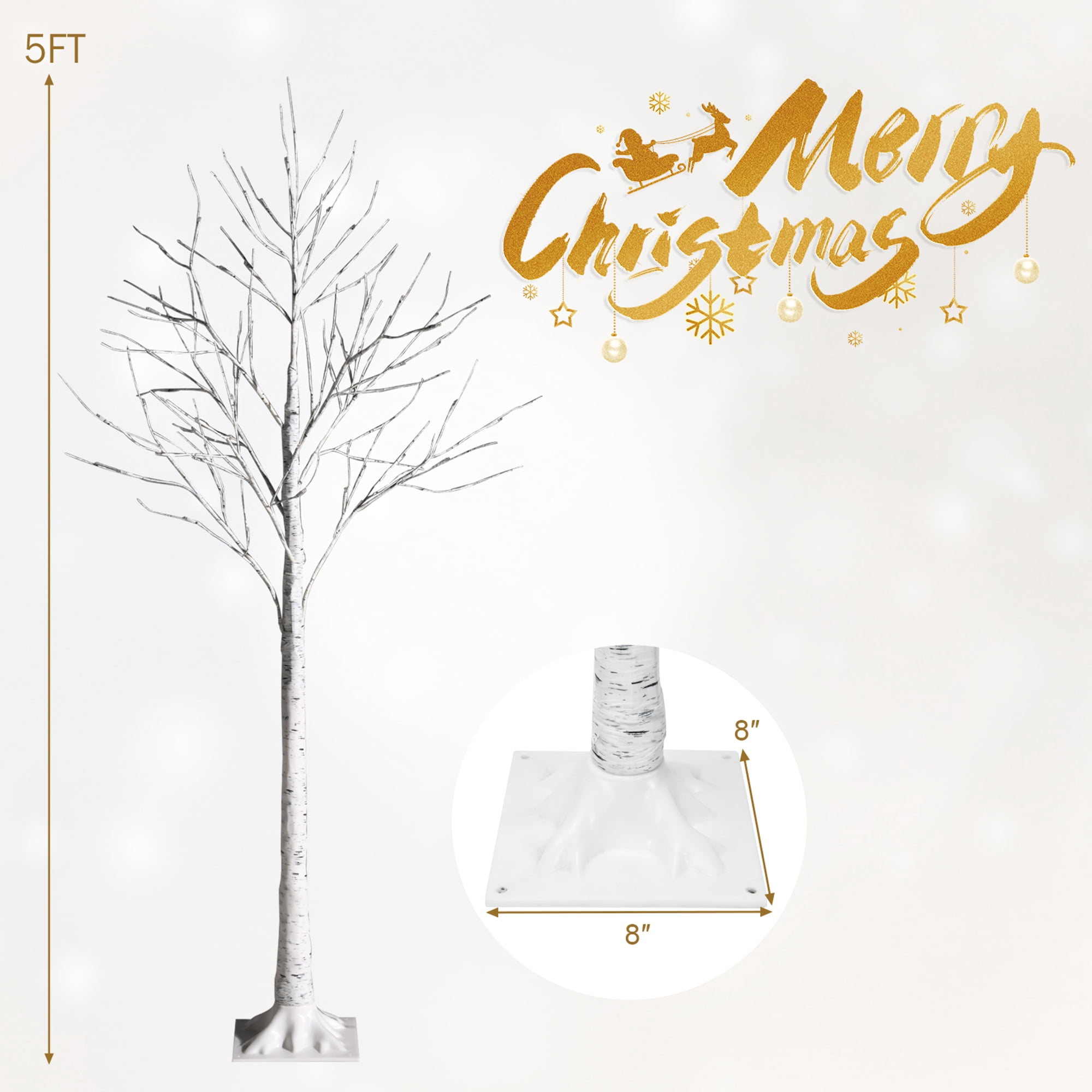 Gymax 5 FT Pre-lit White Birch Tree Christmas Decoration Artificial Twig Birch Tree