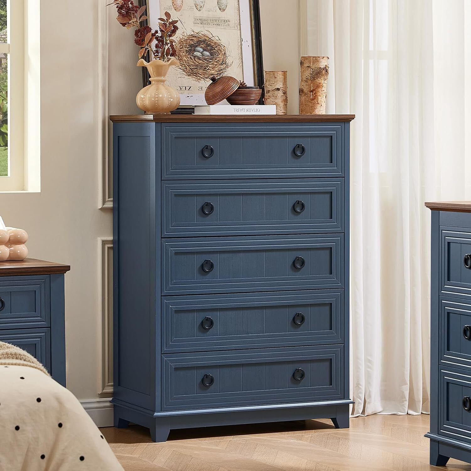 Joaxswe 5 Drawer Dresser Tall, Farmhouse Blue Chest of Drawers with Anti-Tip, Adult Large Storage for Bedroom, Hallway, Entryway