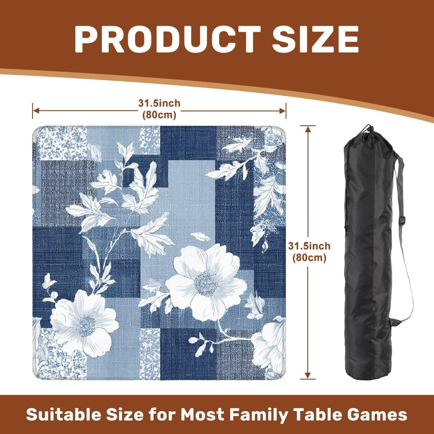 Mahjong Mat 31.5" x 31.5" Seamless Denim Patchwork Flower Non-Slip Noise Reduction Mahjong Tiles Table Cover for Dominoes Poker Card Board and Tile Games