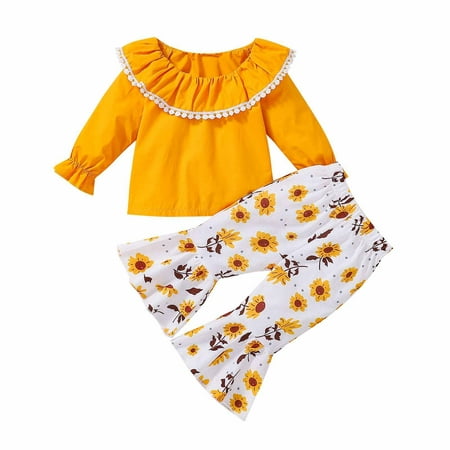 

ZCFZJW Little Kids Baby Girl Clothes Outfit Ruffle Long Sleeve Crew Neck Tee Pullover Top Dress Floral Bell Bottoms Flared Pants Set Yellow 3-6 Months
