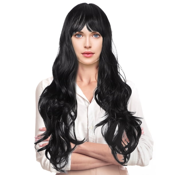 Peluca rizada: Peluca sintética larga y ondulada con flequillo para mujer. Adorno capilar de aspecto natural para uso diario en fiestas.