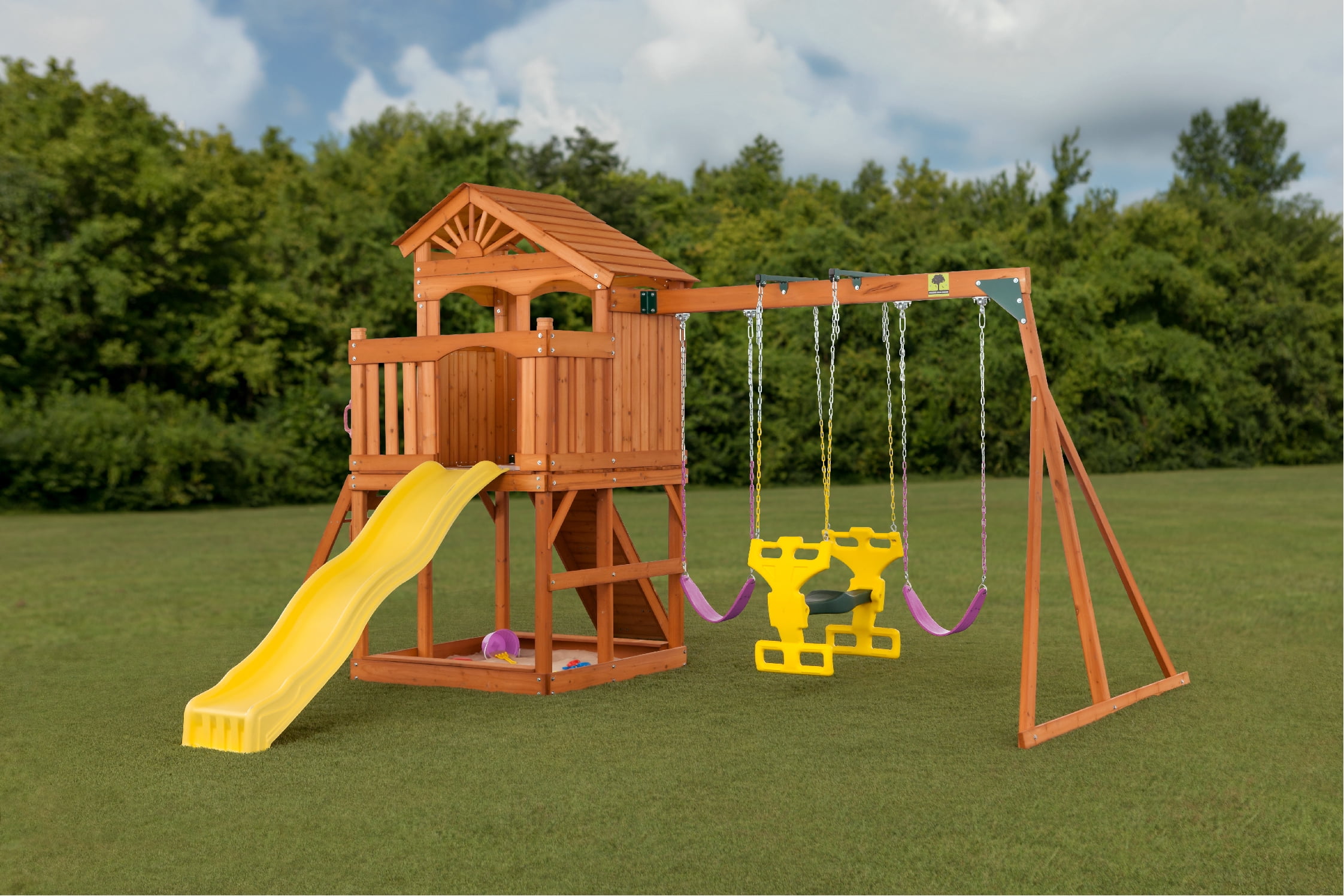 Creative Cedar Designs Timber Valley Wooden Playset with Wooden Roof, Glider Swing, Sandbox, Climbing Wall, Ladder, Slide & Belt Swings