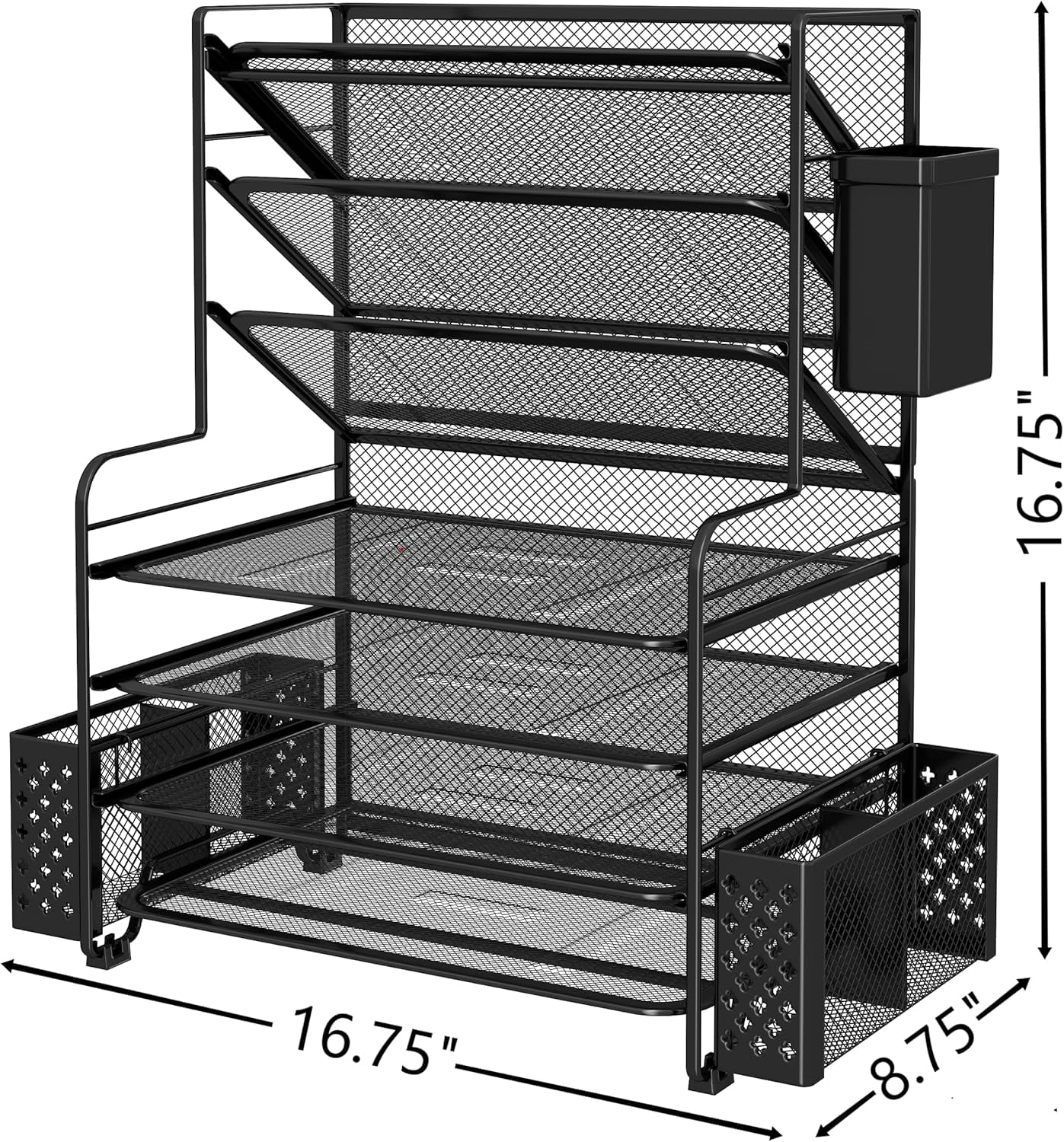 7 Tier Desk File Organizer Letter Tray Paper Organizer with Pen Holder and Metal Hanging Basket Black