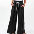thumbnail image 2 of Pantalones de mujer Pantalones de pierna ancha de cintura alta Pantalones con cierre de cordón Pantalones casuales sueltos de color puro, 2 of 5