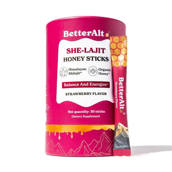 BetterAlt She Lajit Honey Sticks 30 Sticks Sabor Fresa Suplemento con Miel Shilajit Shatavari y Azafrán