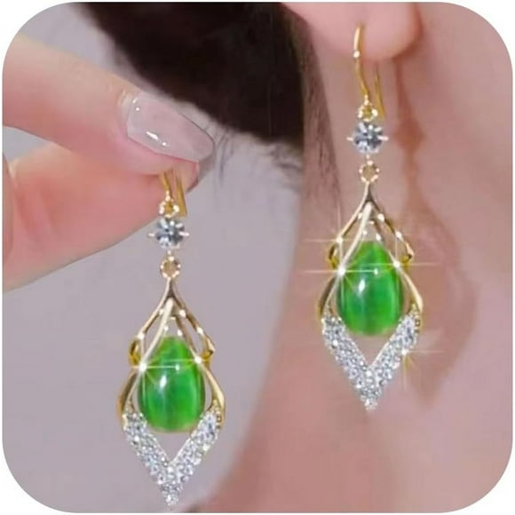 shiyou-Green Earrings for Women Dangling Gold Hoops Earrings Gemstone Teardrop Earring Jade Huggie Hoop Earings Dainty Gold Earring Stack