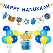 Happy Hanukkah Party Decoration Blue Glitter Hanukkah Banner Candlestick Hanging String Latex Balloon Set Gold Cake Topper for Chanukkah Festival Jewish Hanukkah Light Holiday Supplies