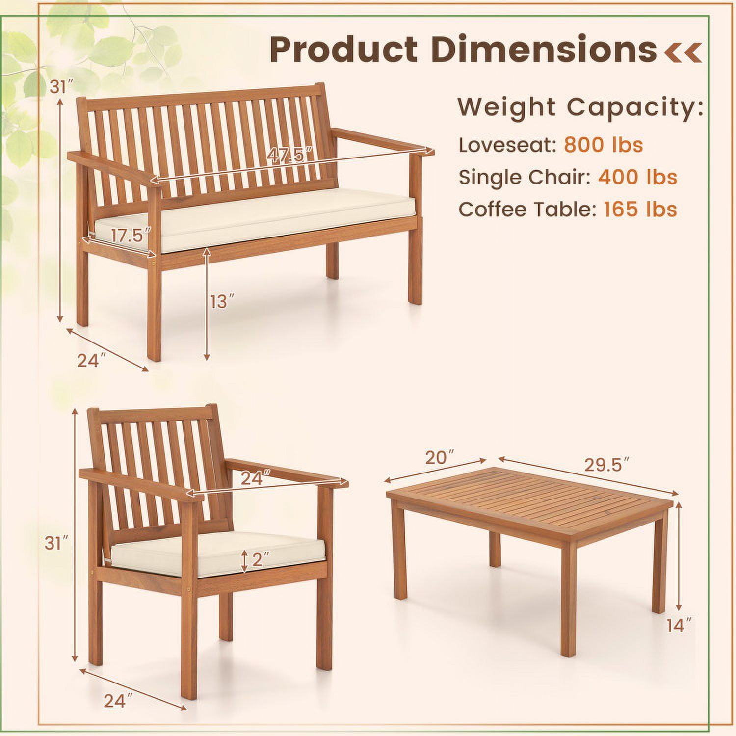 Aimee Lii 4 Pieces Patio Wood Furniture Set Acacia Wood Sofa Set with Loveseat, Patio Furniture Sets, Off White Aimee Lii 4 Pieces Patio Wood Furniture Set Acacia Wood Sofa Set with Loveseat, Patio Furniture Sets, Off White
