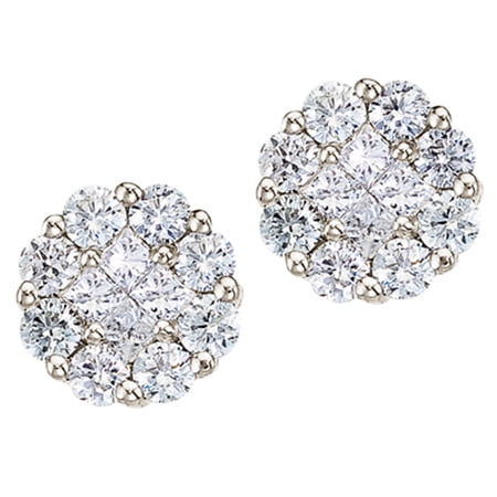 14K White Gold 1 ct Diamond Clustaire Stud Earrings