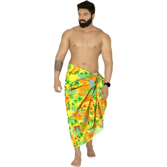 HAPPY BAY Men's Swim Trunk Bathing Suit Sarong Pareo Beach Wrap One Size Tangerine, Floral Hibiscus Palm Tree Summer Vacation Party
