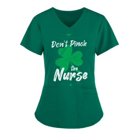 

Women Medical Scrubs Shirts with Pocket Print Work Carer Nurse Loose Tunic Short Sleeve V Neck Summer Uniform Tops