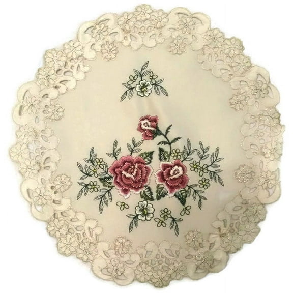 Doily Boutique Round Doily with a Red Burgundy Rose Flower on Ivory Fabric, Size 23 inches