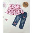 thumbnail image 3 of KIMI BEAR 3T Toddler Girls Winter Outfits 4T Kids Casual Clothes Set Ruffle Long Sleeves Pullover Top Butterfly Print Tops Ripped Jeans Denim Pants Set 2pcs Clothing Pink, 3 of 10