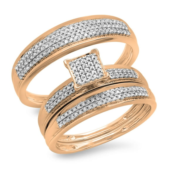 0.50 Carat (ctw) 14k Gold Round Diamond Men's & Women's Micro Pave Trio Bridal Wedding Band Set 1/2 CT