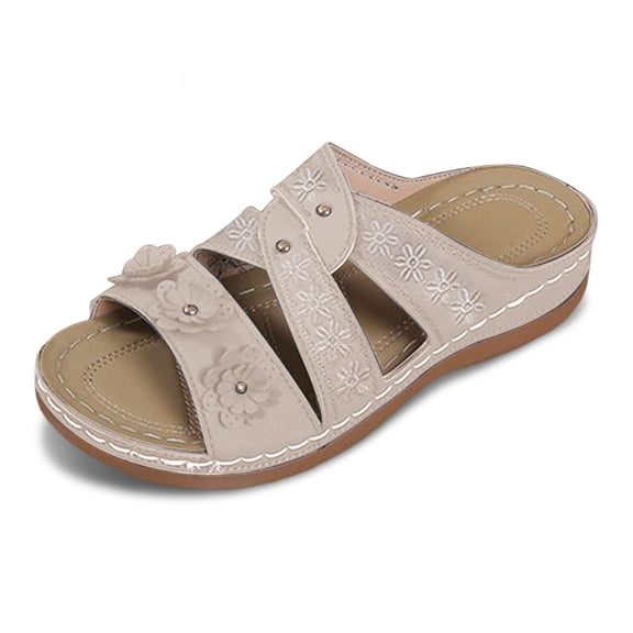 HNMKIU Women Sandals Comfortable Women's Slides with Floral Hollow Out Design for Daily Leisure Thick Sole Open Toe Footwear for Casual Outfits Summer Shoes Beige,5.5