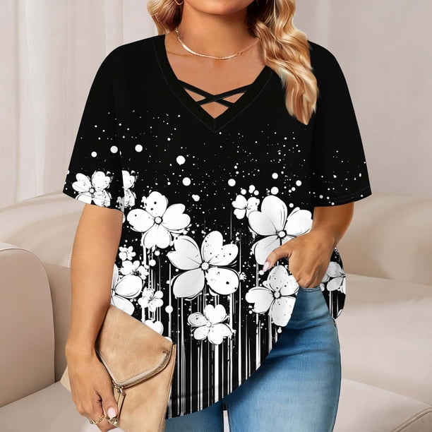 Xuyuer Women's Casual V-Neck Short Sleeve Loose Blouse, Retro Floral Print