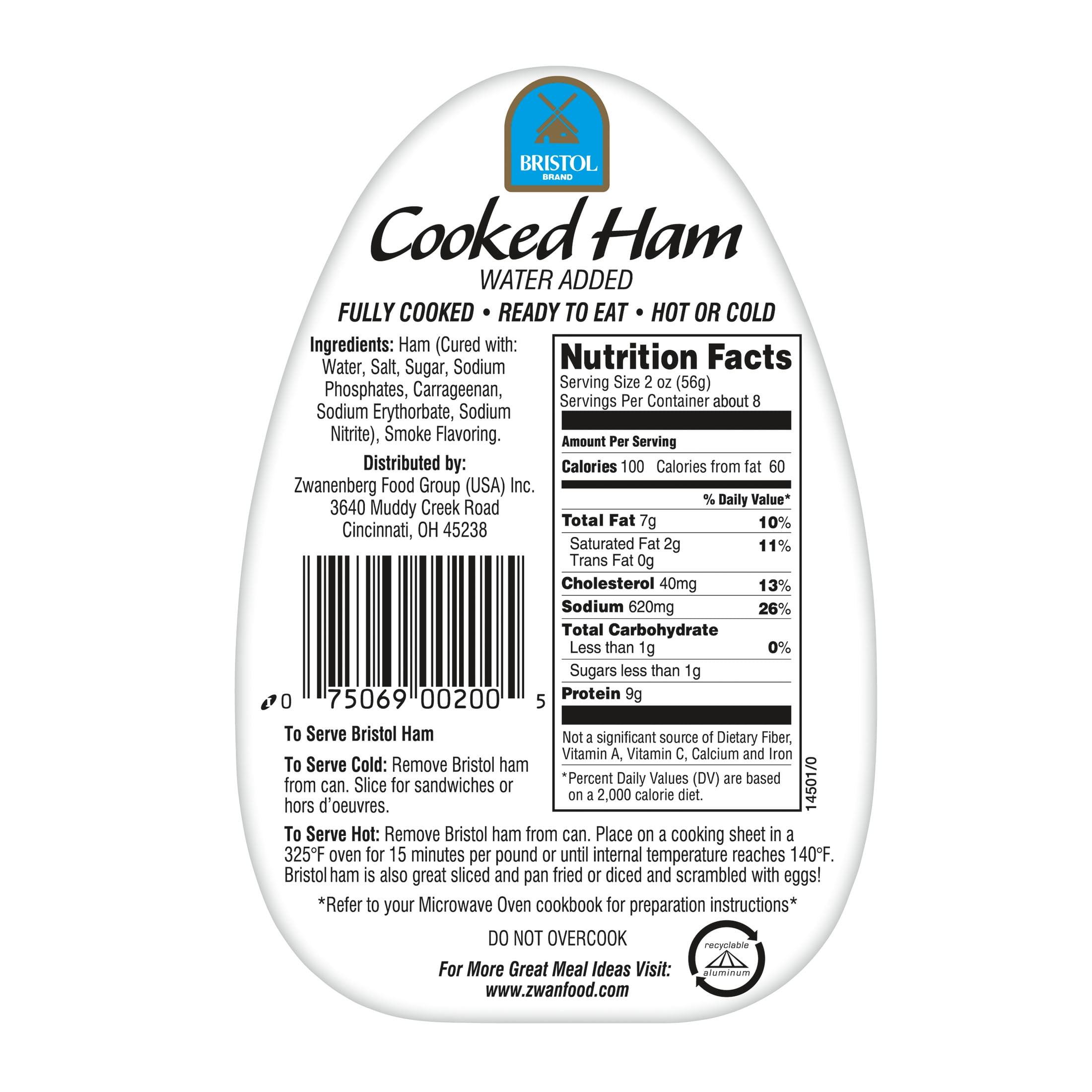 (4 pack) Bristol Brewing Company Brand Smoke Flavor Cooked Ham, High Protein, 16 oz Aluminum Can