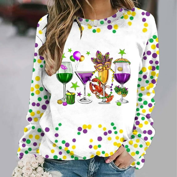 Jjayotai Womens Mardi Gras Sweatshirt, Oversized Crewneck Sequin Long Sleeve Casual Pullover Tops, Suit for Parade Multicolor L