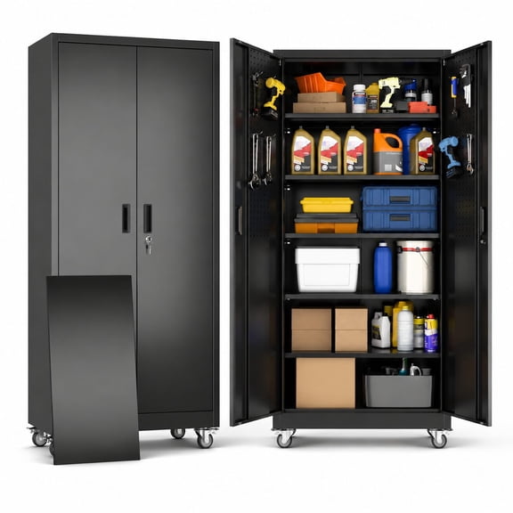 71-Inch Metal Storage Cabinet with 5 Shelves, Pegboard, Lockable Doors, and Rolling Wheels for Garage Workshop