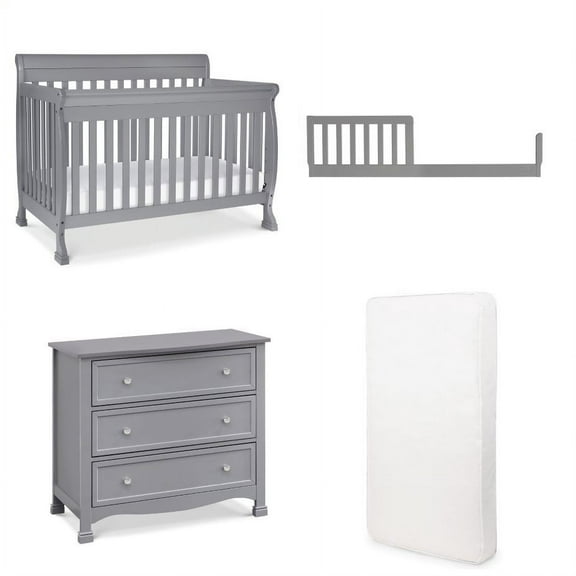 DaVinci Kalani 4 in 1 Convertible Crib included Toddler Rail with 3 Drawer Dresser in Grey and Free Hypoallergenic Universal Fit 6 inch Ultra Firm Deluxe Crib Mattress