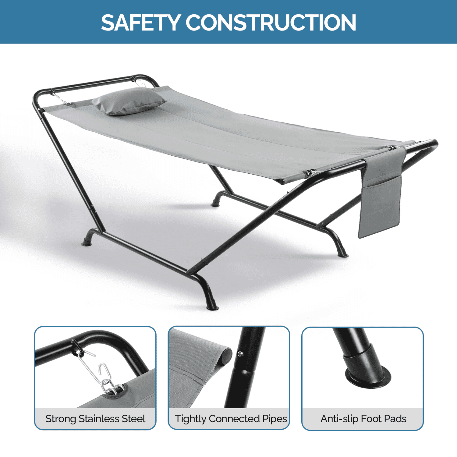 Tcbosik Hammock with Stand for Outside, Heavy Duty Outdoor Patio Hammock Bed with Pillow and Storage Pocket for Garden, Balcony, Porch, Backyard, Grey