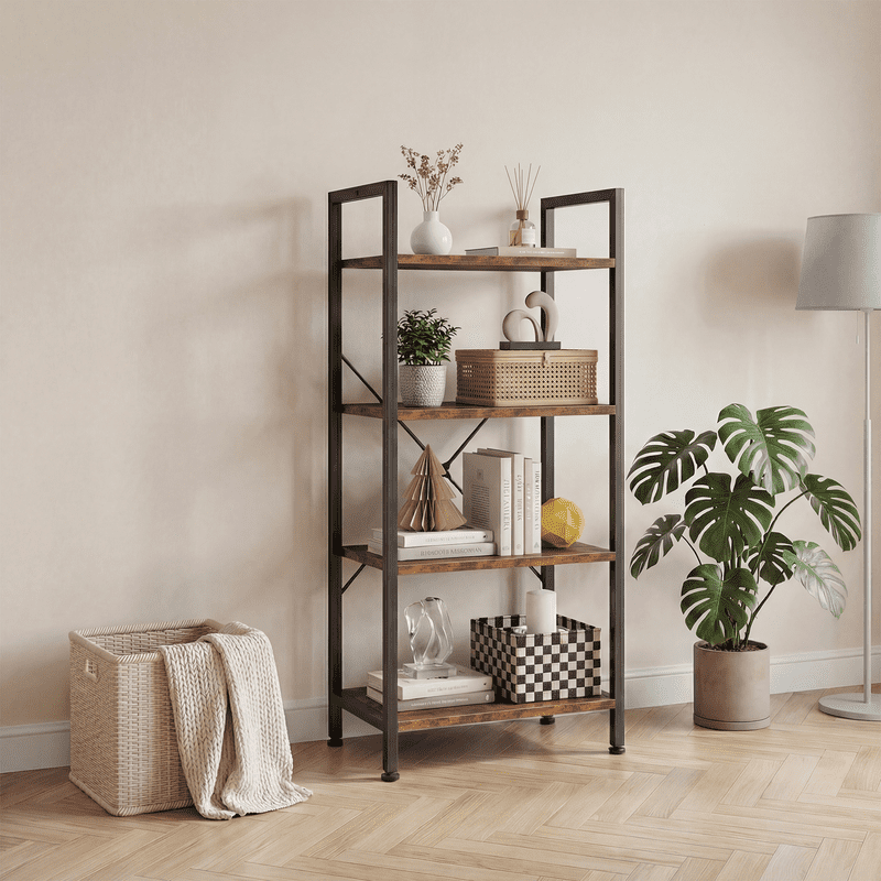 Gianna 4 Tier Bookshelf, Free Standing Shelf, Bookcase Shelf Storage Organizer, Industrial Book Shelves for Home Office, Living Room, Kitchen, Rust Brown