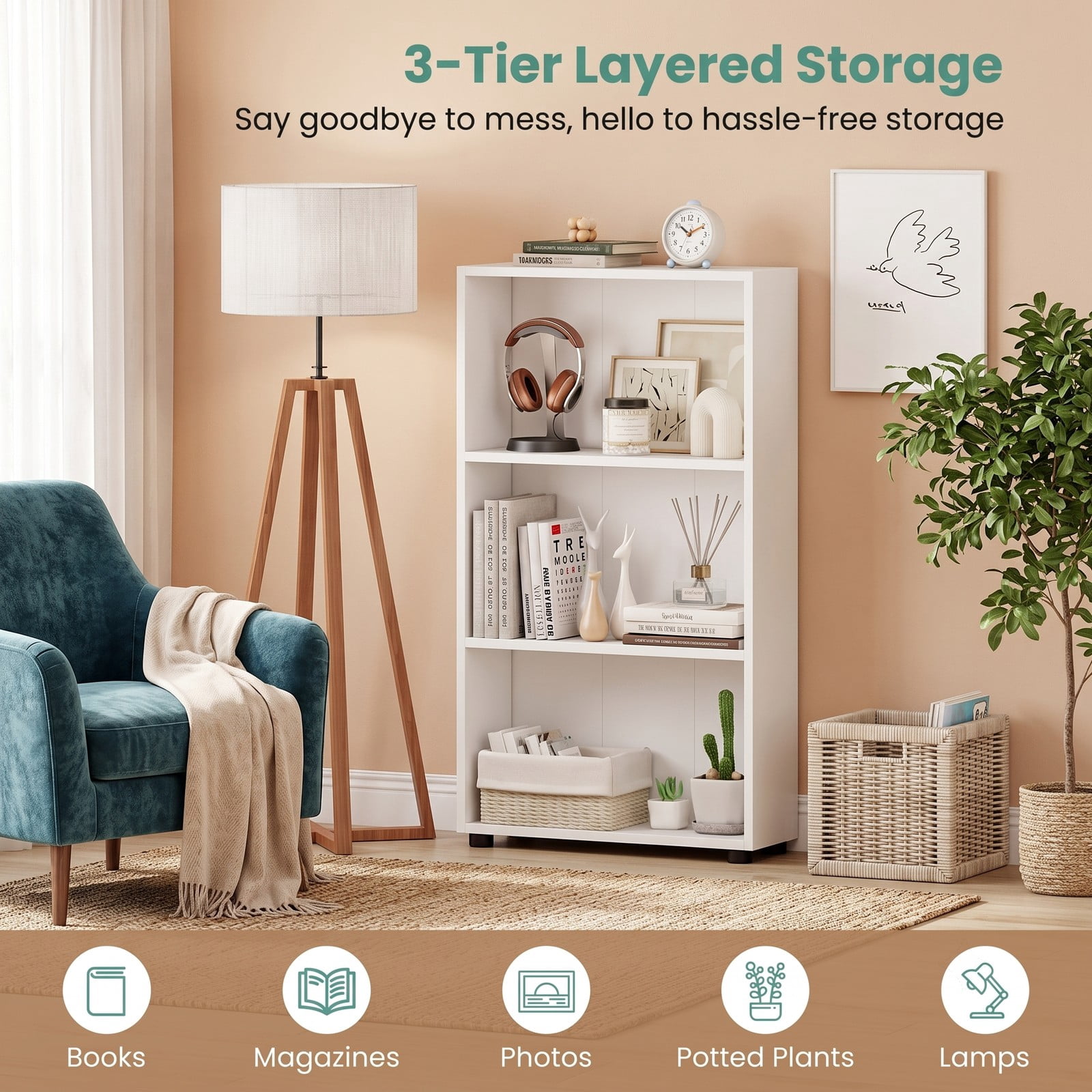 Furnibear 3-Tier Bookcase 42 Inch Tall Bookshelf with Anti-Tipping Kit, Freestanding Open Wood Storage Shelf Organizer for Living Room Bedroom Home Office Study, White