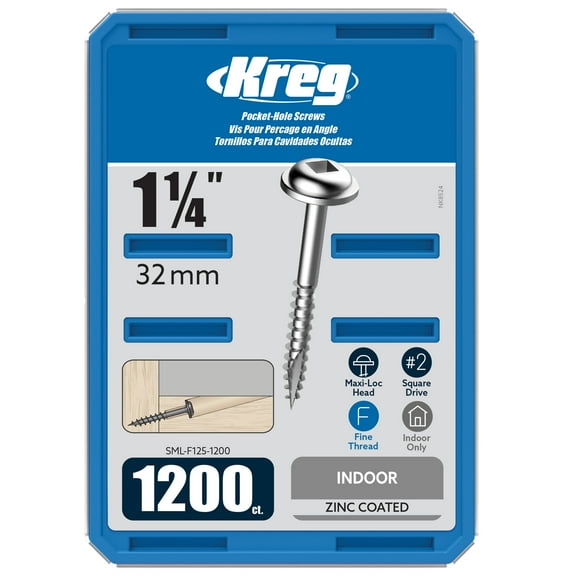 Kreg SML-F125-1200 Zinc Pocket Screws, 1 1/4-Inch, #7 Fine Thread, Maxi-Loc Head (1200 Count)