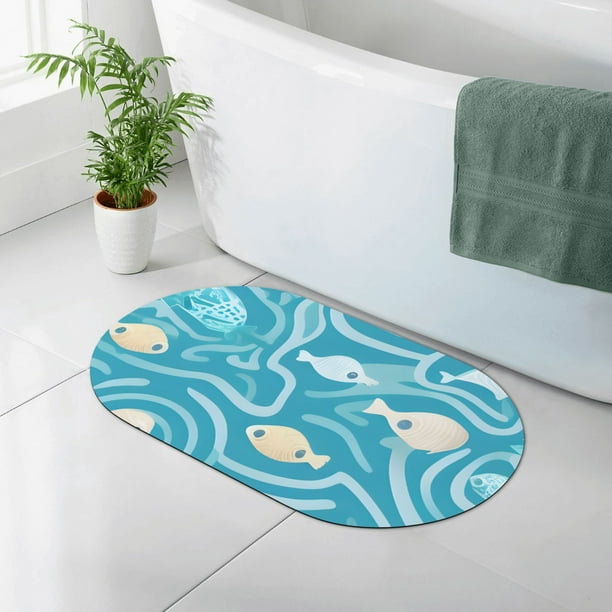 YFYANG Absorbent NonSlip Bathroom Rugs, Blue Ocean Fish Doodle Quick