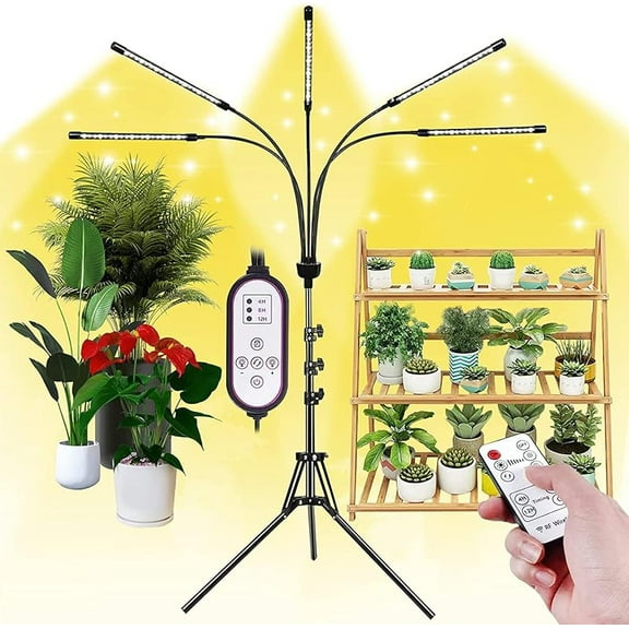 Grow Lights for Indoor Plants,5 Heads Red Blue White Full Spectrum Plant Light with 15-60" Adjustable Tripod Stand, Indoor Grow Lamp with Remote Control and Auto On/Off Timer Function