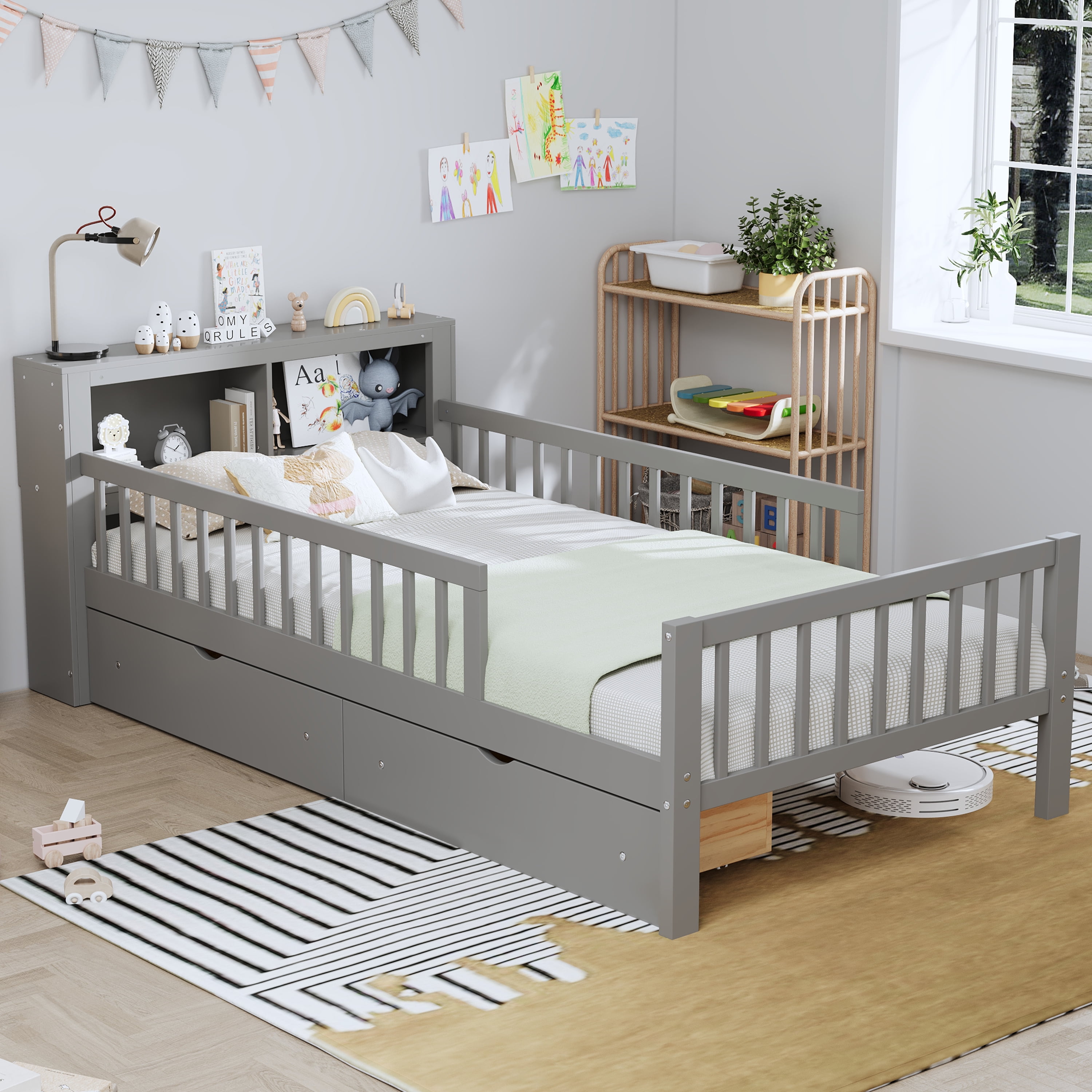 Euroco Wood Twin Size Platform Bed with Storage Headboard and Drawers, Low Profile Bed with Guardrails for Kids and Toddlers, Gray