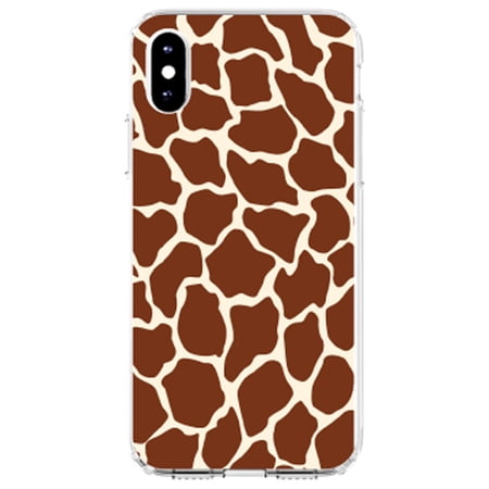 DistinctInk Clear Shockproof Hybrid Case for iPhone XR (6.1 Screen) - TPU Bumper Acrylic Back Tempered Glass Screen Protector - Brown Tan Beige Giraffe Skin Spots - Animal Print